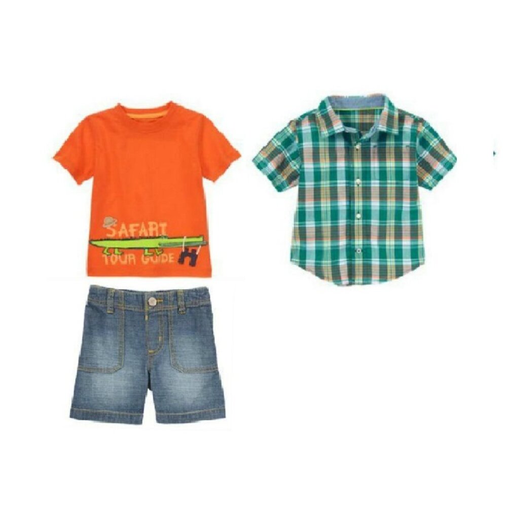 NWT Gymboree Safari Ranger 3pc Orange Safari Tee, Plaid Shirt & Chambray Shorts